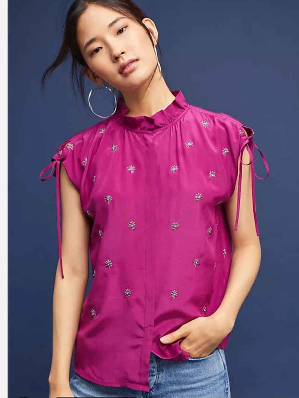 NWT St. ROCHE Anthroplogie Silk Fuschia Embroidered Cap-Sleeve Blouse